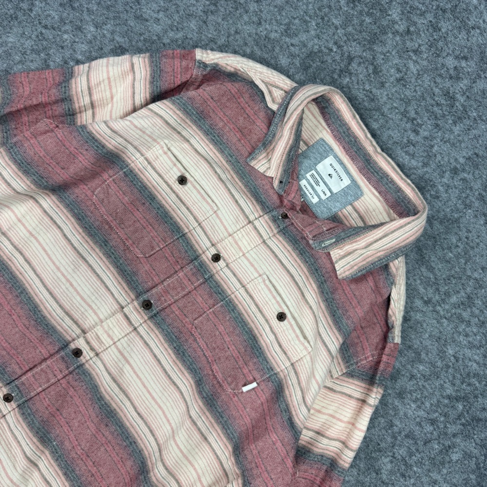 Quiksilver Mens Large Regular Fit Striped Flannel Shirt Long Sleeve Red Tan 0948